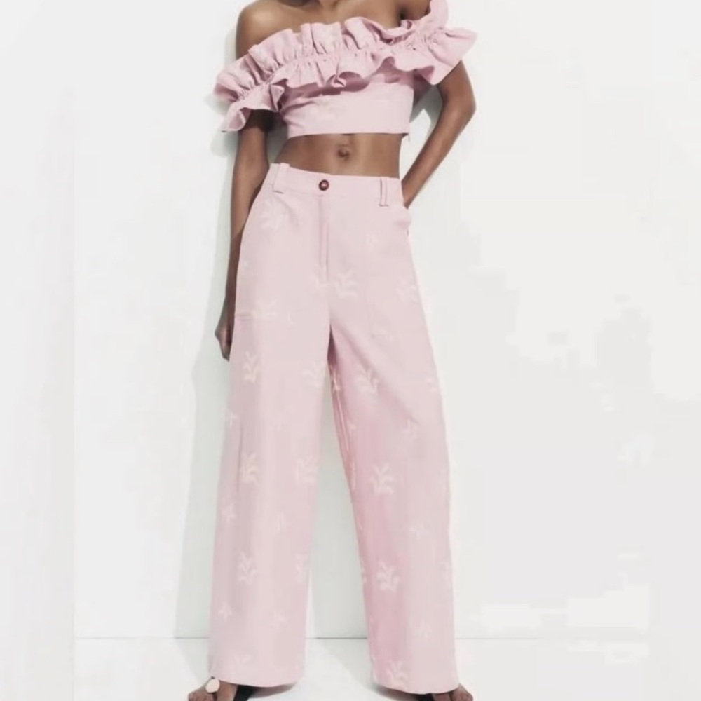 Zara Crop Top Pant Set Ruffle Cotton Embroidery Feminine Size Small